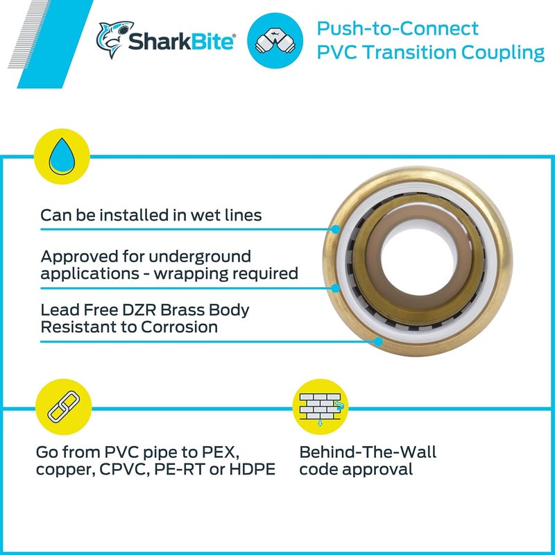 SharkBite وصلة انتقالية من PVC بحجم 1 بوصة CTS إلى 1 بوصة، تركيبة سباكة نحاسية للضغط، أنبوب PEX، نحاس، CPVC، PE-RT، HDPE، UIP4020A - Image 4