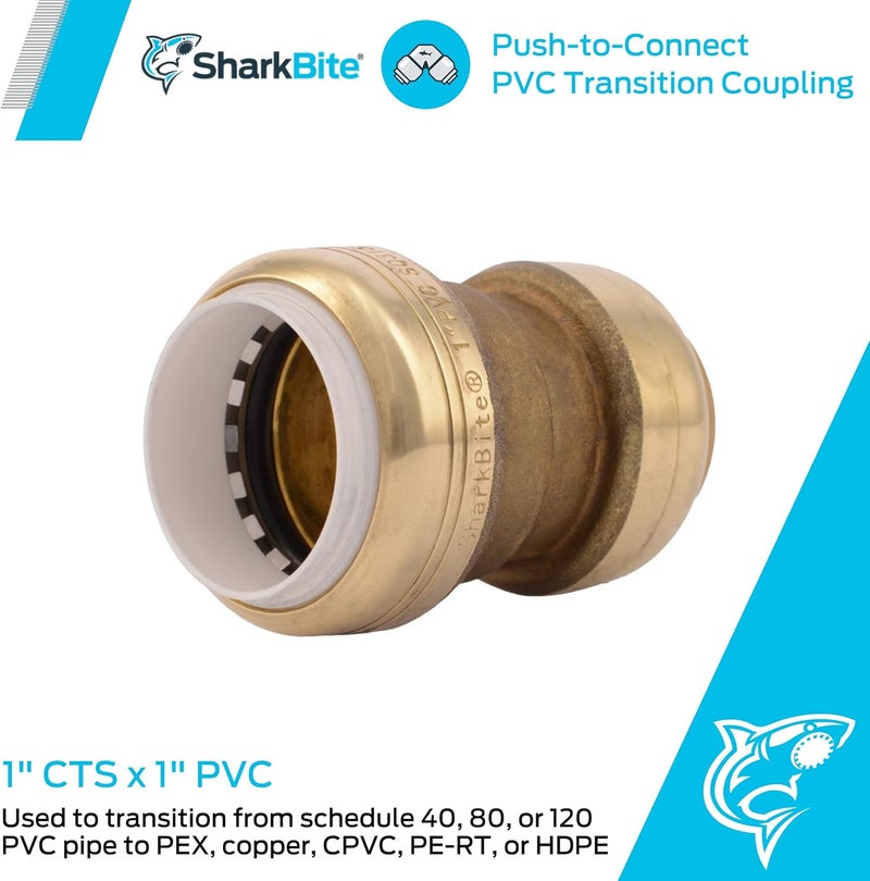 SharkBite وصلة انتقالية من PVC بحجم 1 بوصة CTS إلى 1 بوصة، تركيبة سباكة نحاسية للضغط، أنبوب PEX، نحاس، CPVC، PE-RT، HDPE، UIP4020A - Image 2