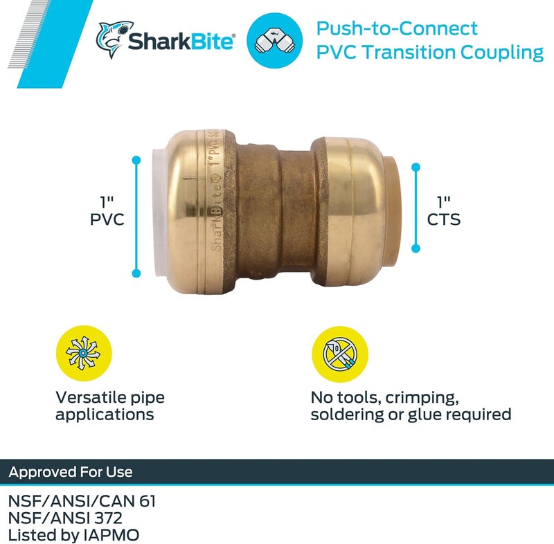 SharkBite وصلة انتقالية من PVC بحجم 1 بوصة CTS إلى 1 بوصة، تركيبة سباكة نحاسية للضغط، أنبوب PEX، نحاس، CPVC، PE-RT، HDPE، UIP4020A - Image 3