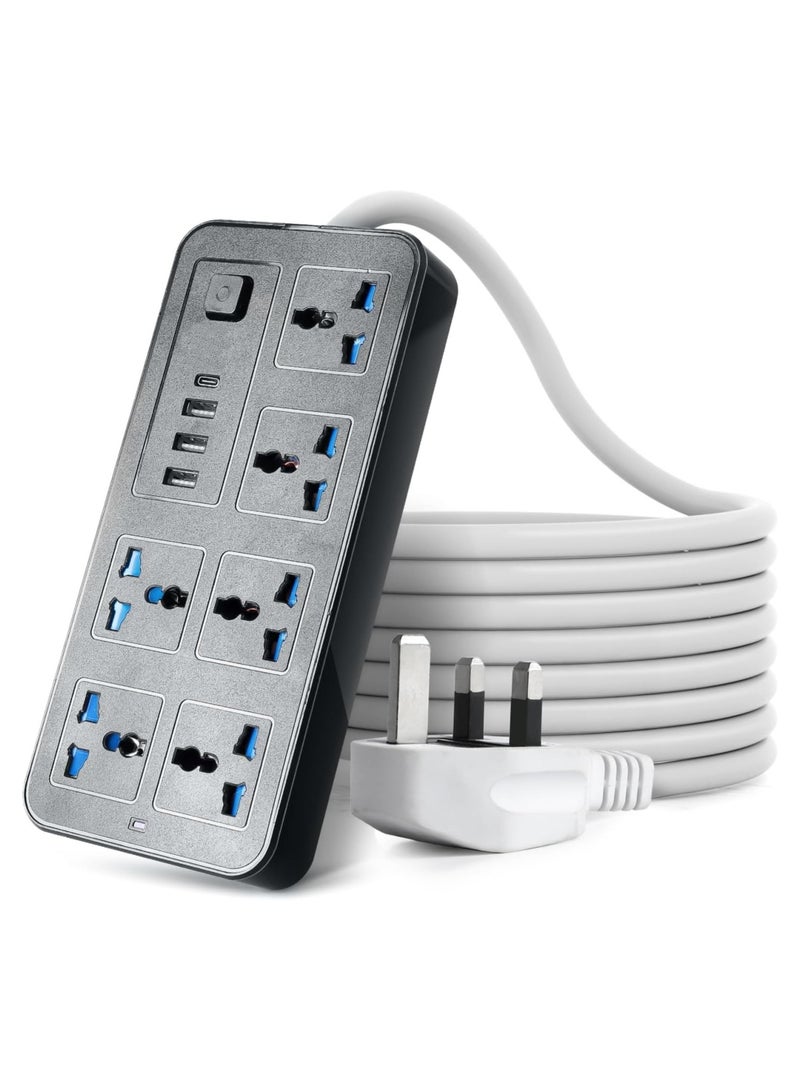 هاندي سلك تمديد كهربائي بطول مترين بستة منافذ مزود بمنافذ USB ومقبس من النوع C، وواقي من زيادة التيار، ومحول متعدد المنافذ، وكابل تمديد طاقة، وموزع USB بمقبس - مثالي للألعاب مع قابس مزود بفيوز 10 أمبير - Image 1