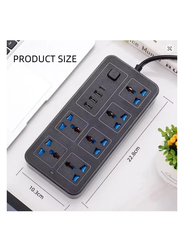 هاندي سلك تمديد كهربائي بطول مترين بستة منافذ مزود بمنافذ USB ومقبس من النوع C، وواقي من زيادة التيار، ومحول متعدد المنافذ، وكابل تمديد طاقة، وموزع USB بمقبس - مثالي للألعاب مع قابس مزود بفيوز 10 أمبير - Image 4