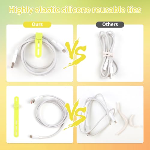 Oligei 25 Pcs Silicone Cable Ties, Cable Ties Reusable, High Elasticity Cord Wraps for Electrical Cords, Cord Organizer for Earphone, Phone Charger(Yellow) - Image 4