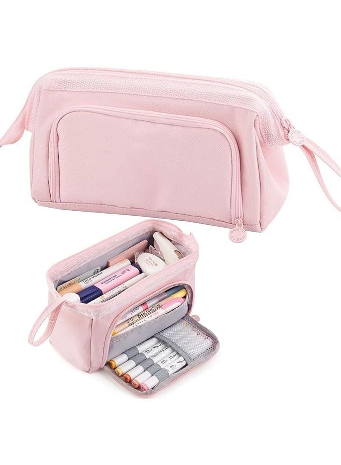 إي سي في في مقلمة أقلام رصاص وجاف بسعة كبيرة، شنطة تخزين الأقلام للأدوات المكتبية، منظم صندوق وحامل لوازم المكتب بسوستة لتخزين أقلام ماركر مع مقبض حمل لطلاب المدارس والمراهقات والبنات والبالغين من ®ECVV، وردي - Image 1