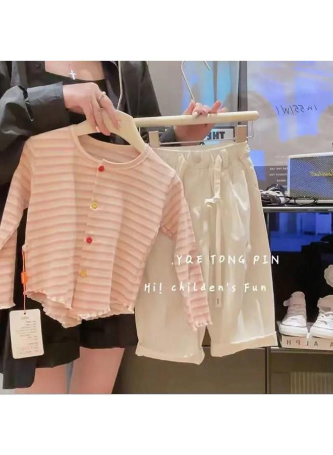 Outfit For Baby Girl: Adorable Striped Cartoon, Stylish And Versatile Round Neck Ruffle Trim T-shirt Cardigan Long-sleeve Top