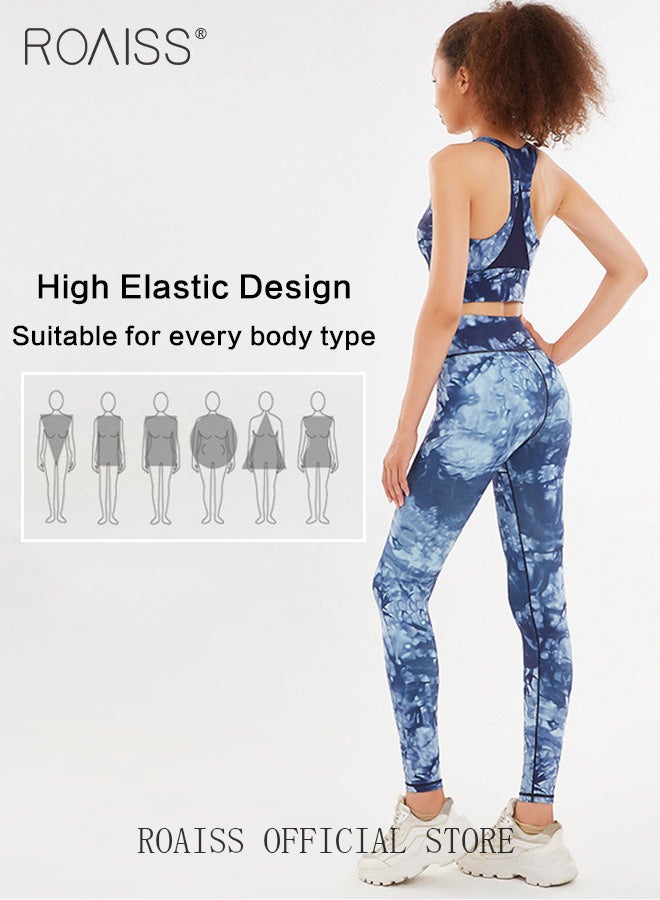 roaiss Women Yoga Set 2 Piece Yoga Outfit with Printed Elements Quick Drying and High Elasticity Fabric Set includes a Backless Top and Tight Fitting Workout Leggings - Image 2