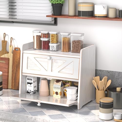 TQQDCI Corner Bread Box for Kitchen Countertop, Vintage Wooden Counter Organizer, Bamboo Bread Storage Bin for Homemade Bread, Small Farmhouse Corner Breadbox Container with Acrylic Window, Vintage White - Image 2