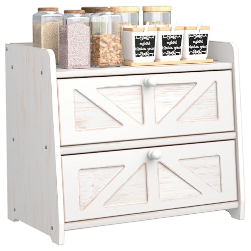 TQQDCI Corner Bread Box for Kitchen Countertop, Vintage Wooden Counter Organizer, Bamboo Bread Storage Bin for Homemade Bread, Small Farmhouse Corner Breadbox Container with Acrylic Window, Vintage White - Image 1