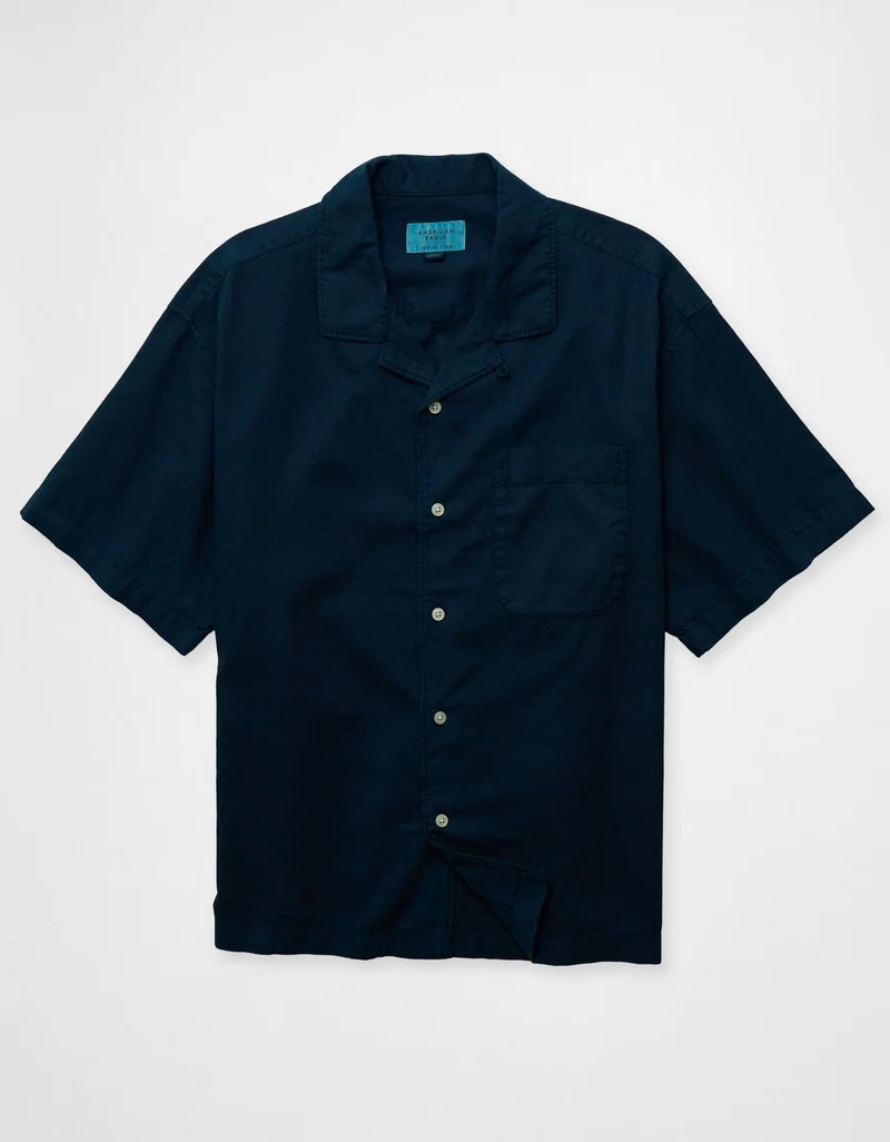 American Eagle  AE Relaxed Fit Linen-Blend Camp Collar Shirt for Men | Best Price UAE