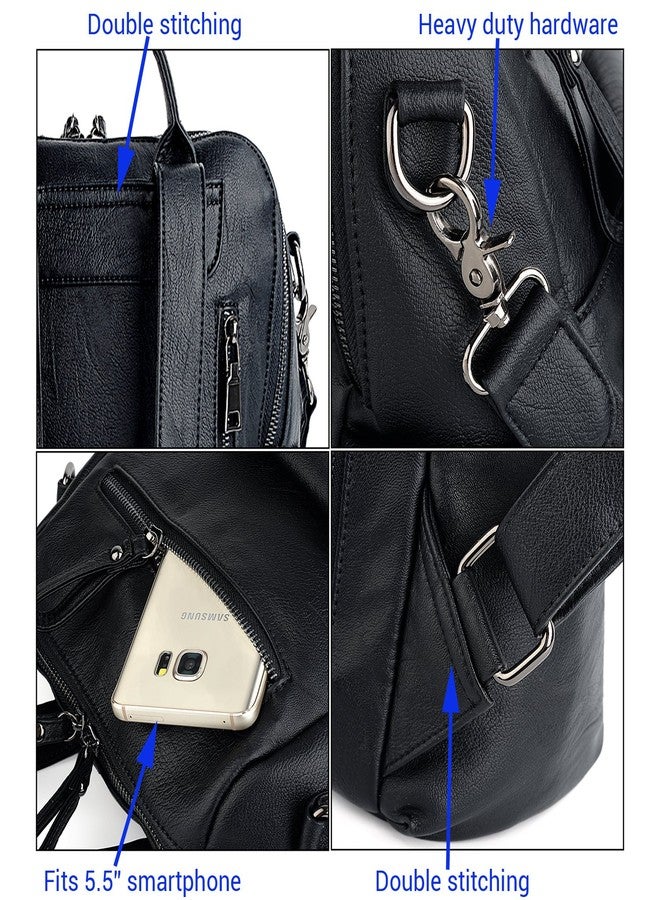 UTO Women Backpack Purse 3 ways PU Washed Leather Ladies Rucksack Shoulder Bag Black - Image 4