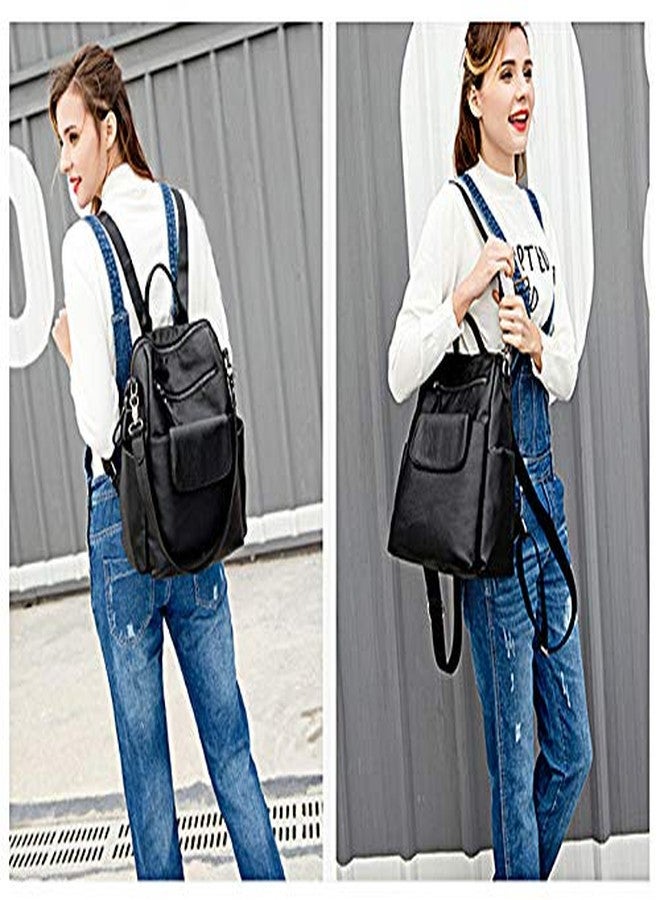 UTO Women Backpack Purse 3 ways PU Washed Leather Ladies Rucksack Shoulder Bag Black - Image 2