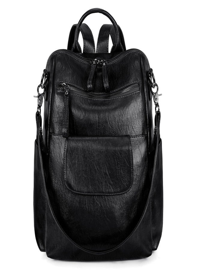 UTO Women Backpack Purse 3 ways PU Washed Leather Ladies Rucksack Shoulder Bag Black - Image 1