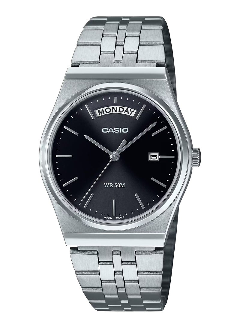 CASIO ساعة كواتز أنالوج بتقويم يومي وساعة سوداء من الفولاذ المقاوم للصدأ MTP-B146D-1AV - 35 مم
