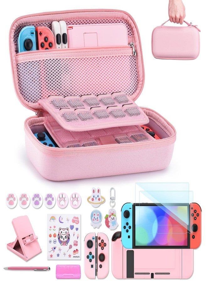 innoAura Switch Case for NS Switch 18 in 1 Switch Accessories Bundle with Switch Carrying Case, Switch Game Case, Switch Screen Protector, Switch Stand, Switch Thumb Grips (Pink), Switch Pink, Modern - Image 1