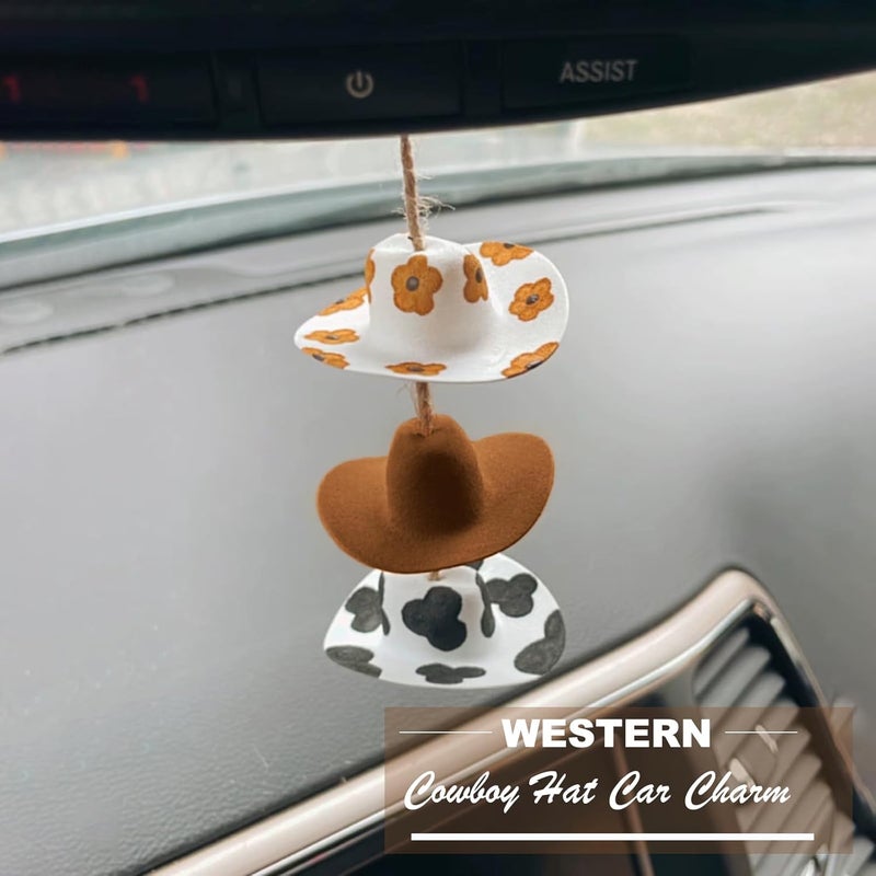 Cowboy Hat: Handmade Felt Western Hat - Sunflower Accent Car Hanging Ornament for Rearview Mirror Car Decor - Image 2