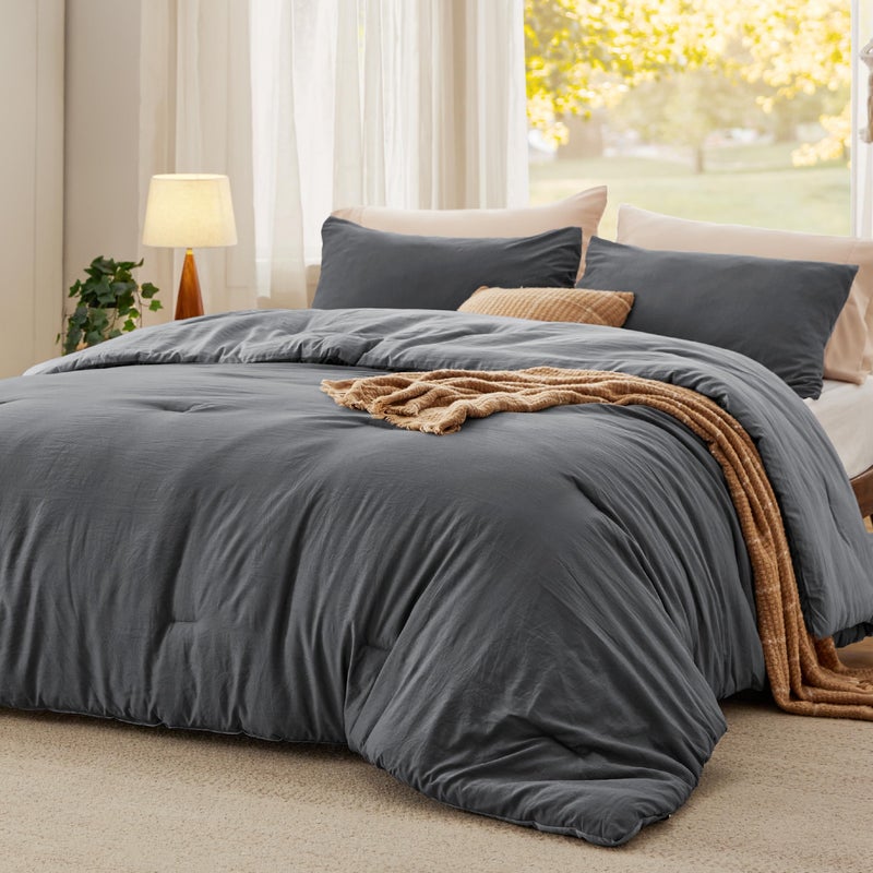 Bedsure Queen Size Comforter Set Reversible Grey Soft Prewashed Bedding for All Seasons 3 Pieces Warm Down Alternative Bed Set 1 Lightweight Comforter 90x90 and 2 Pillowcases 20x26