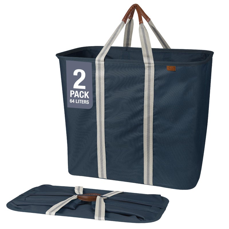 CleverMade Collapsible Laundry Caddy â€“ Foldable Laundry Hamper & Tote, XXL 64L Pop-Up Laundry Basket with Handles, Space-Saving Laundry Organizer for Home & Travel, 2 Pack - LUXE Navy Noir - Image 1