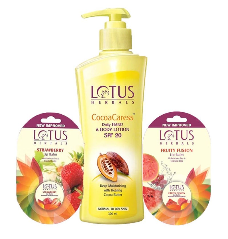 LOTUS HERBALS Lotus Herbals Winter Kit Hand and Body Lotion 250ml Strawberry Lip Balm 5g Fruity Fusion Lip Balm 5g Set of 3 