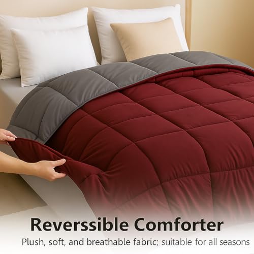 Bhoomi Impex Bed Comforter - Double Size - Elegant Dark Grey & Burgundy - 300 GSM Quilt Blanket Rajai - Winter Warm Down Alternative Duvet Insert with Corner Ties - Image 3