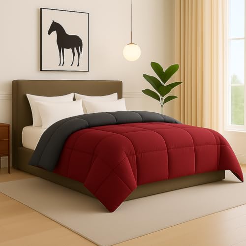 Bhoomi Impex Bed Comforter - Double Size - Elegant Dark Grey & Burgundy - 300 GSM Quilt Blanket Rajai - Winter Warm Down Alternative Duvet Insert with Corner Ties - Image 1