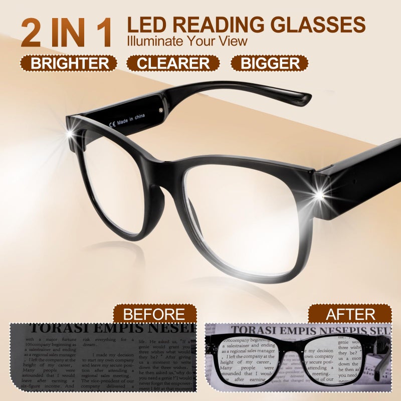 OuShiun USB Rechargeable Led Reading Glasses Lighted Eyewear for Women Men (Black, 2.0X) - Image 2