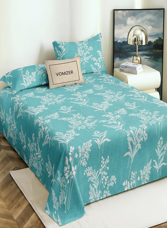 VOMZER Cotton King Size Flat Bedsheet for Double Bed, 1 Cotton Bed Sheet Double Bed (90x100 Inches) with 2 Pillow Cover, Aqua - Image 1