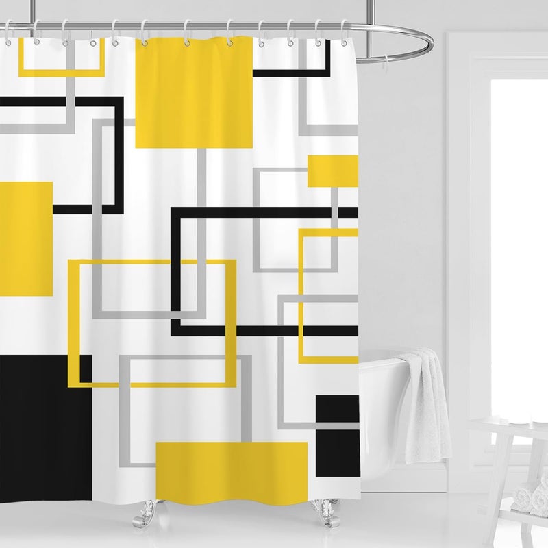 Kikiry Yellow and Black Shower Curtain 60''W x 72''L White Grey Gray Abstract Geometric Cross Modern Checkered Geometry Minimalist Men Simple Neutral Design Polyester Waterproof 12 Pack Plastic Hooks - Image 1