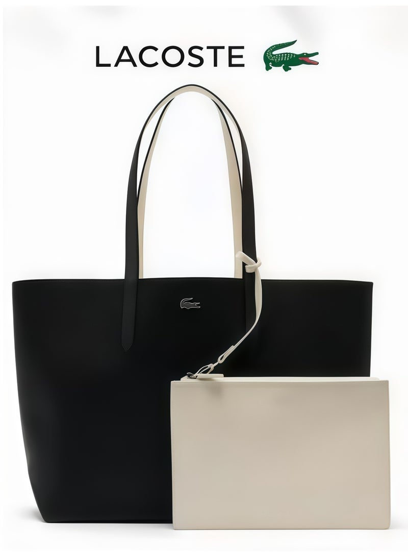 لاكوست حقيبة يد ذات وجهين ذات نغمتين كبيرة السعة، أنيقة متعددة الوظائف، أبيض/أسود - Image 1