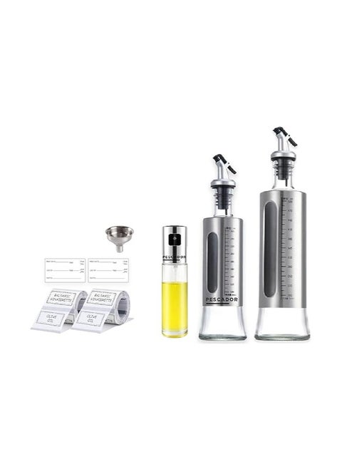 PESCADOR Olive Oil Sprayer for Cooking with Pre-printed Labels, Dispenser Bottle Glass, Baking, Roasting, Grilling, 100 ml, 300 ml & 500 ml, Set of 3 Silver