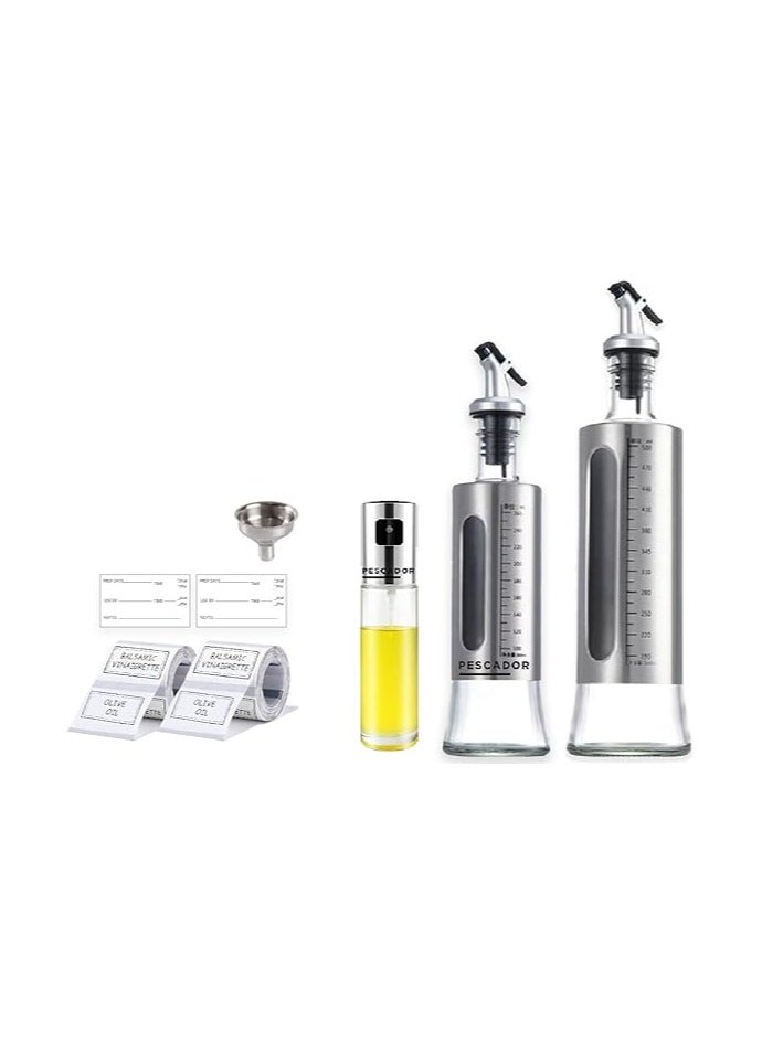 PESCADOR Olive Oil Sprayer for Cooking with Pre-printed Labels, Dispenser Bottle Glass, Baking, Roasting, Grilling, 100 ml, 300 ml & 500 ml, Set of 3 Silver