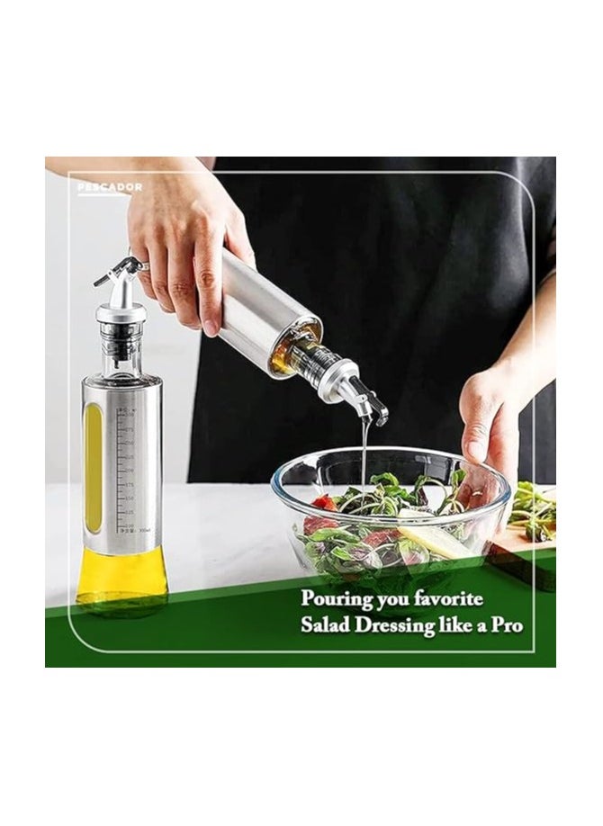 PESCADOR Olive Oil Sprayer for Cooking with Pre-printed Labels, Dispenser Bottle Glass, Baking, Roasting, Grilling, 100 ml, 300 ml & 500 ml, Set of 3 Silver