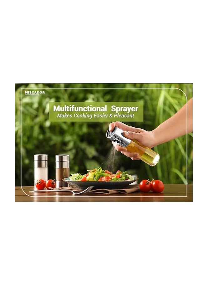 PESCADOR Olive Oil Sprayer for Cooking with Pre-printed Labels, Dispenser Bottle Glass, Baking, Roasting, Grilling, 100 ml, 300 ml & 500 ml, Set of 3 Silver
