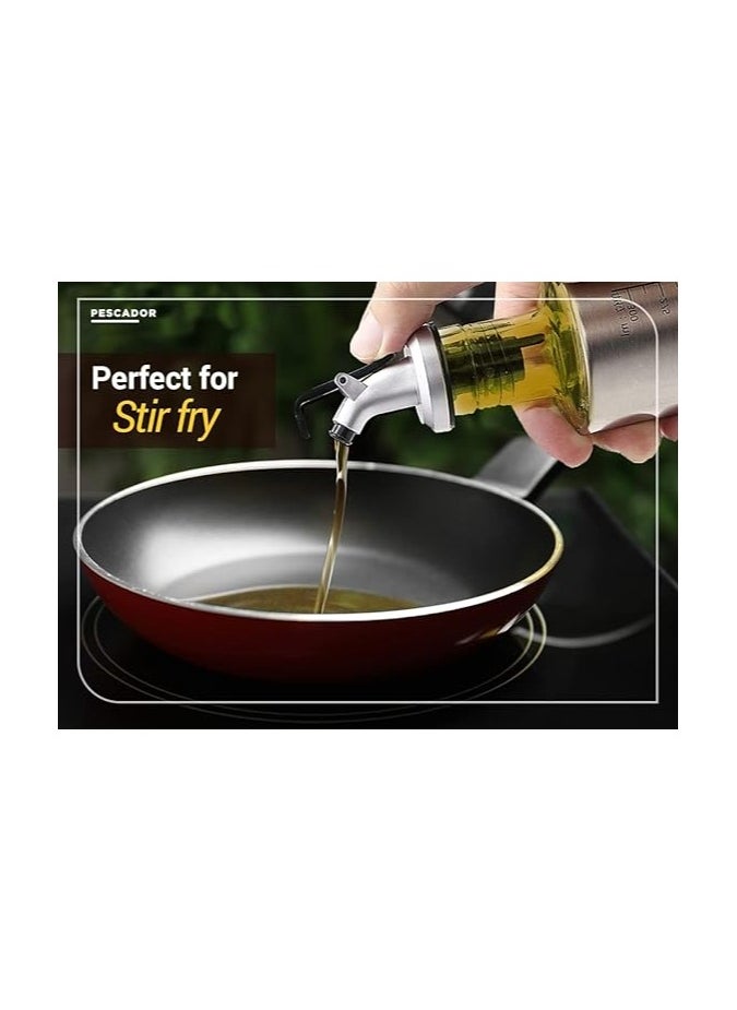 PESCADOR Olive Oil Sprayer for Cooking with Pre-printed Labels, Dispenser Bottle Glass, Baking, Roasting, Grilling, 100 ml, 300 ml & 500 ml, Set of 3 Silver