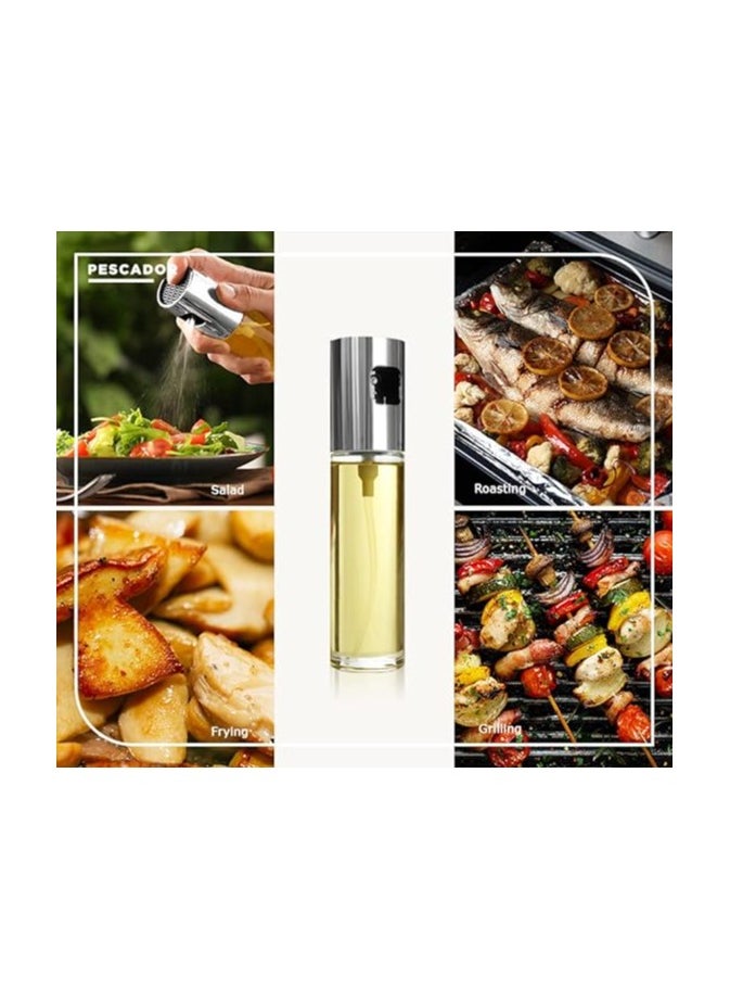 PESCADOR Olive Oil Sprayer for Cooking with Pre-printed Labels, Dispenser Bottle Glass, Baking, Roasting, Grilling, 100 ml, 300 ml & 500 ml, Set of 3 Silver