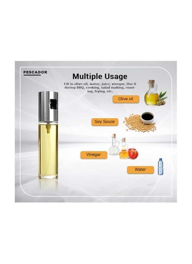 PESCADOR Olive Oil Sprayer for Cooking with Pre-printed Labels, Dispenser Bottle Glass, Baking, Roasting, Grilling, 100 ml, 300 ml & 500 ml, Set of 3 Silver