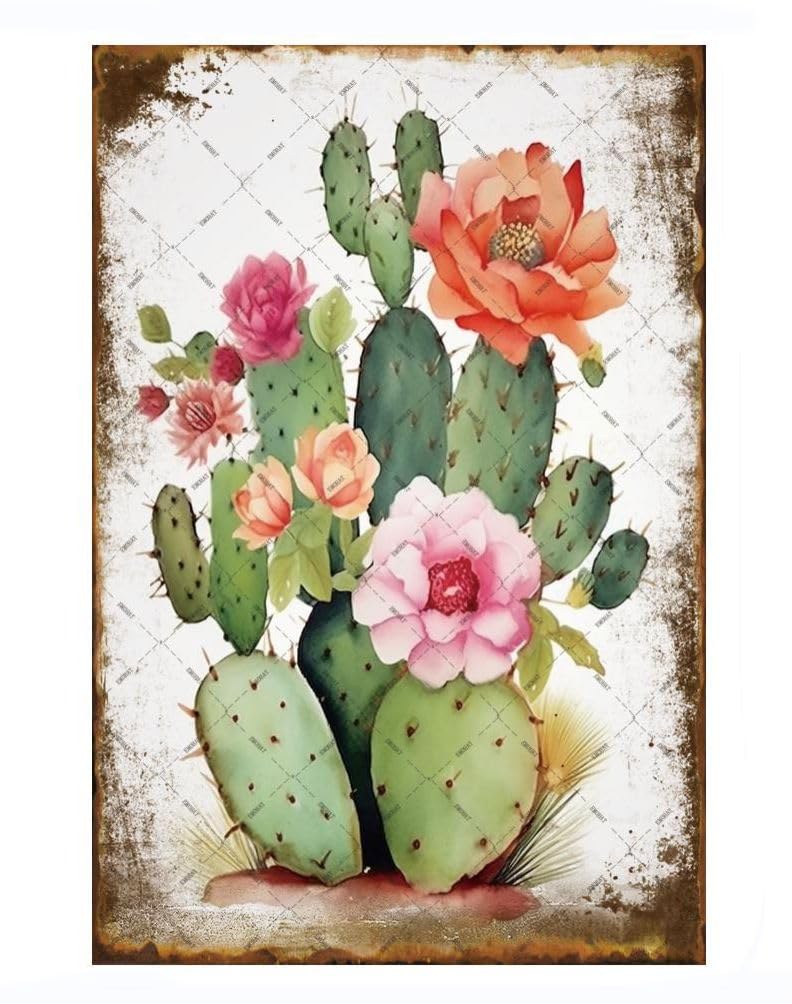 EMOHAT Succulent Bouquet Cactus Flowers Metal Tin Sign Green Leaves Decoration Botanical Cacti Floral Plants Retro Decor Poster Wall Art for Bedroom Backyard Yard Living Room 12x8 Inches - Image 1
