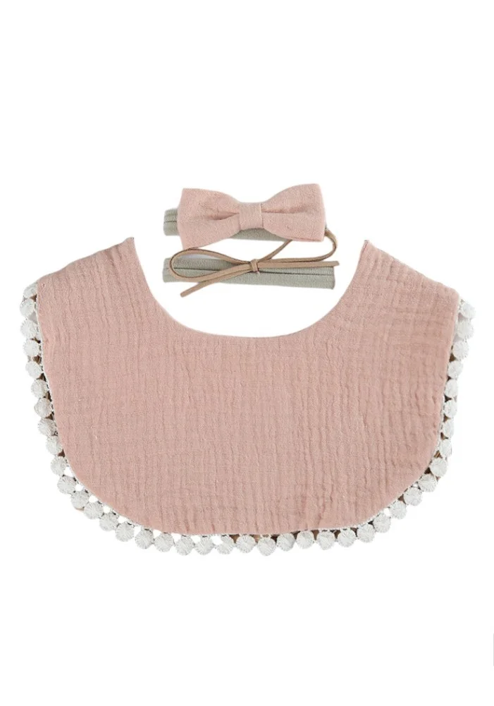 Bambimici -Sophia Set Of Baby Bib And Ribbon Headband Nude