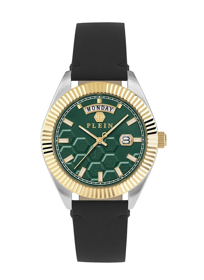 PHILIPP PLEIN - DATE SUPERLATIVE GENT Philipp Plein Men’s Watch, 42mm, Emerald-Green Dial, Gold-Tone Bezel, Black Calf Leather Strap, Swiss Quartz Movement - Image 1