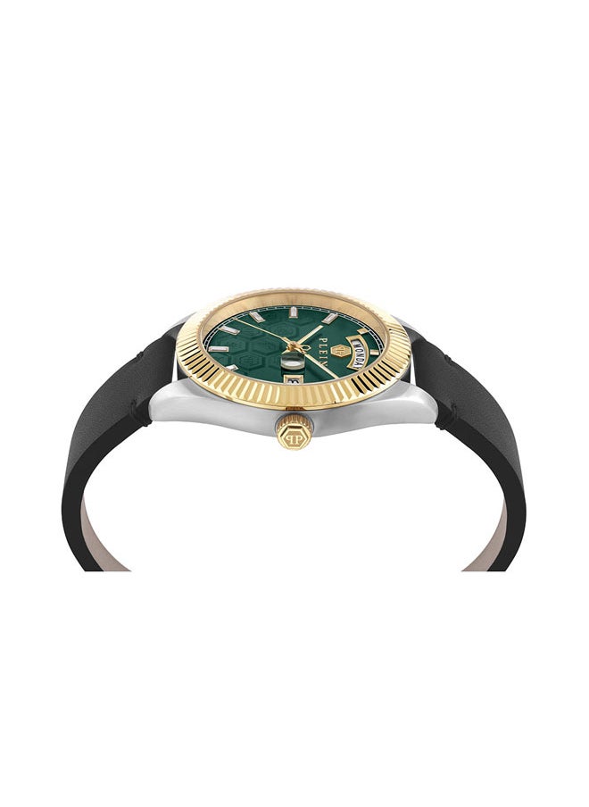 PHILIPP PLEIN - DATE SUPERLATIVE GENT Philipp Plein Men’s Watch, 42mm, Emerald-Green Dial, Gold-Tone Bezel, Black Calf Leather Strap, Swiss Quartz Movement - Image 1