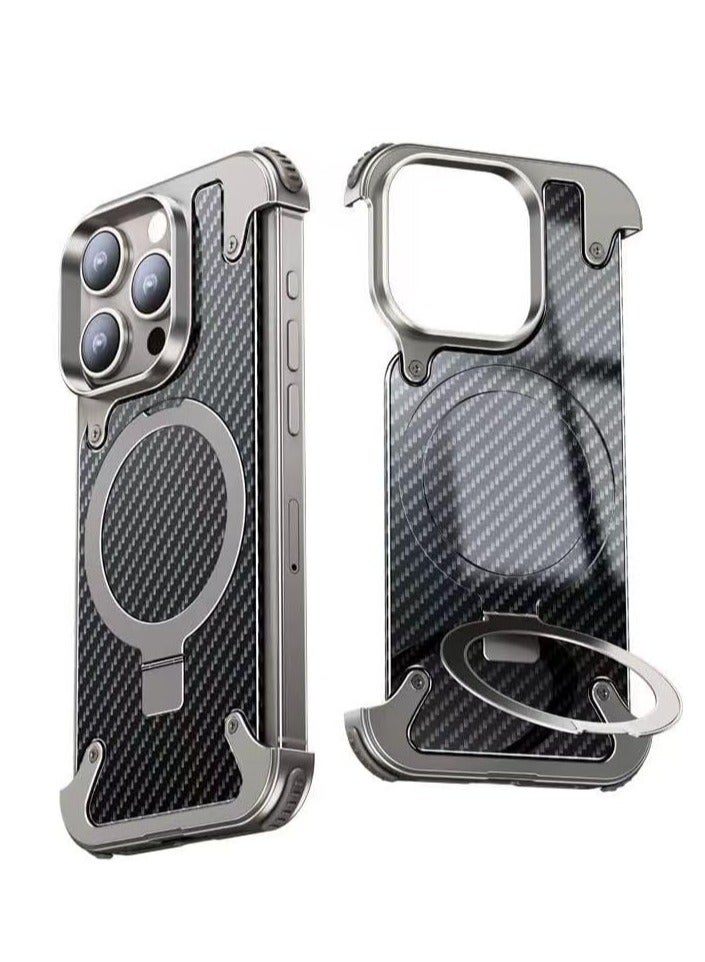 فوكس غطاء حماية معدني جديد بدون إطار لهاتف iPhone 15 Pro max مع Magsafe مع حامل حلقي وحامل غير مرئي - Image 1