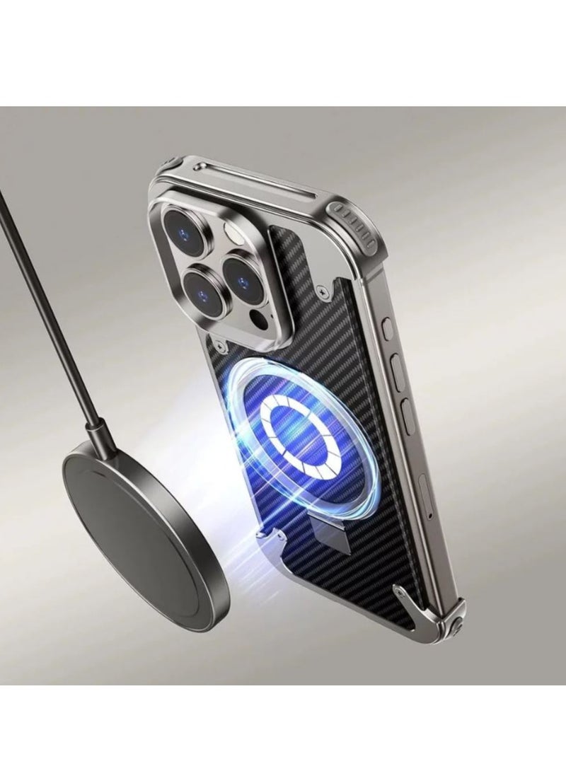 فوكس غطاء حماية معدني جديد بدون إطار لهاتف iPhone 15 Pro max مع Magsafe مع حامل حلقي وحامل غير مرئي - Image 3