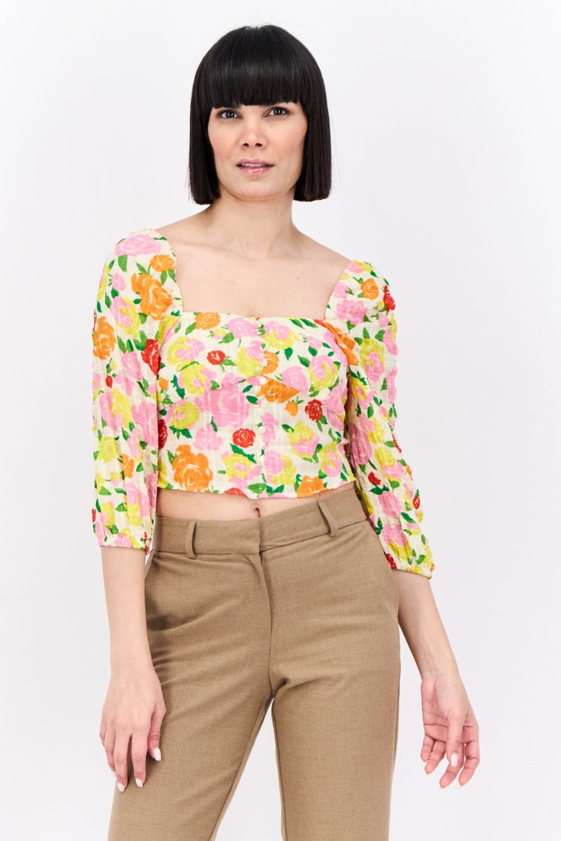 MANGO بلوزة نسائية بأكمام طويلة وياقة مربعة مزينة بطبعة زهور - Image 1