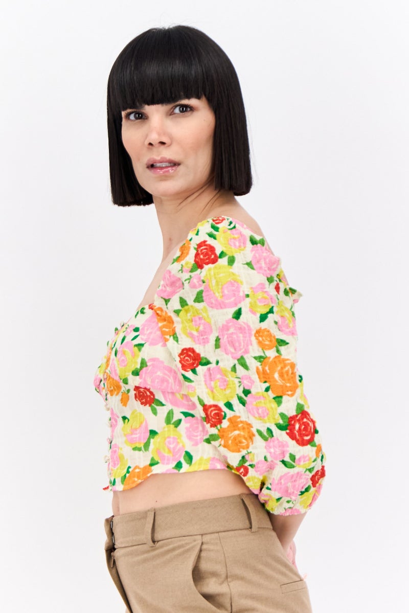 MANGO بلوزة نسائية بأكمام طويلة وياقة مربعة مزينة بطبعة زهور - Image 2