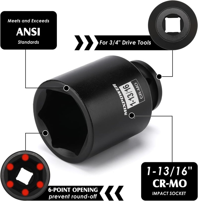 MIXPOWER 3/4" Drive Deep Impact Socket, CR-MO, 1-13/16", SAE, 6 Point, Axle Nut Impact Grade Socket for Easy Removal - Image 2