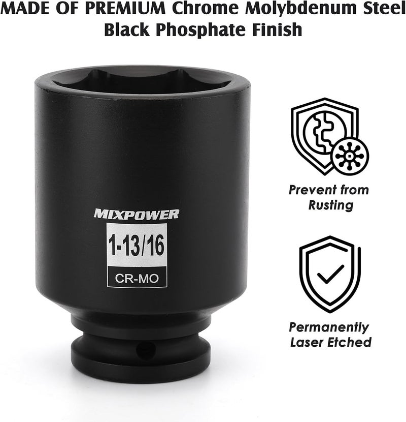 MIXPOWER 3/4" Drive Deep Impact Socket, CR-MO, 1-13/16", SAE, 6 Point, Axle Nut Impact Grade Socket for Easy Removal - Image 3