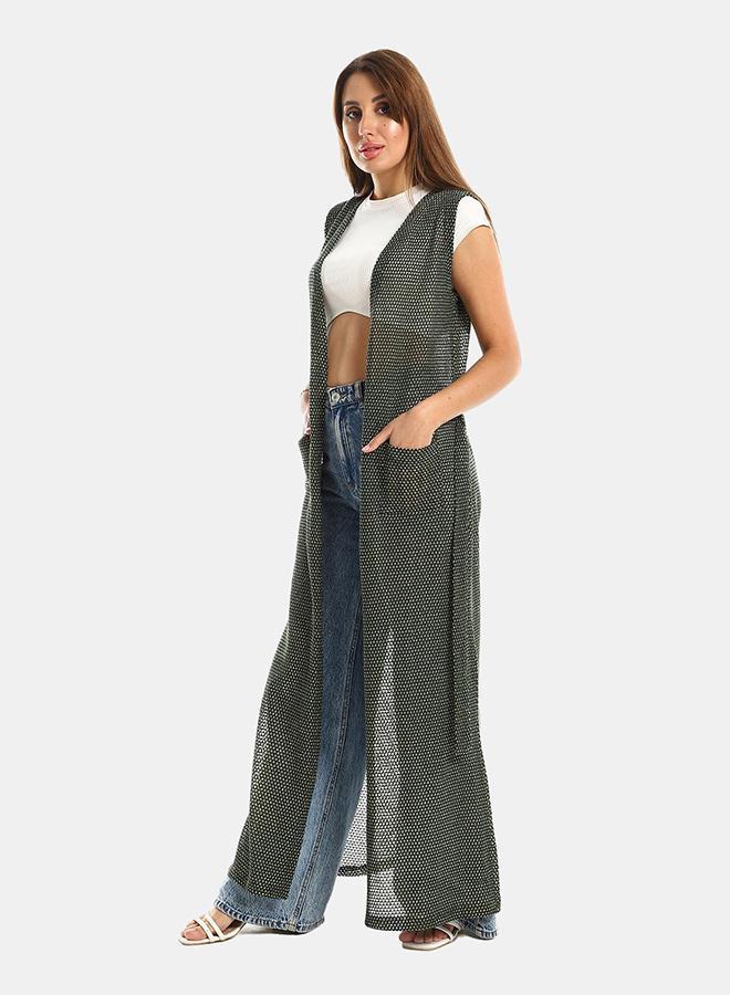 kady Jamila Women Sleeveles Perforated Long Cardigan Champaign ,olive-XXL - Image 3