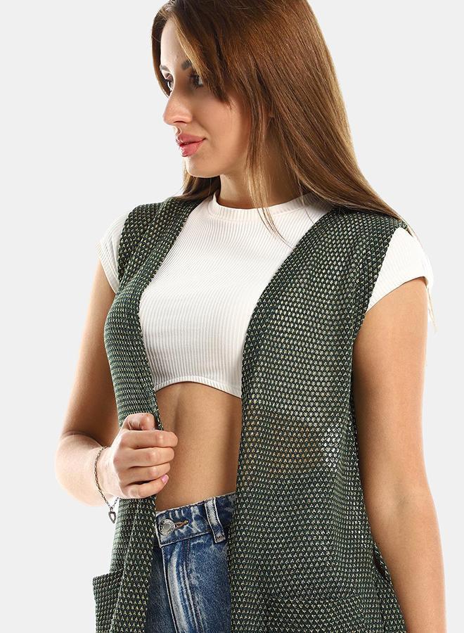 kady Jamila Women Sleeveles Perforated Long Cardigan Champaign ,olive-XXL - Image 5