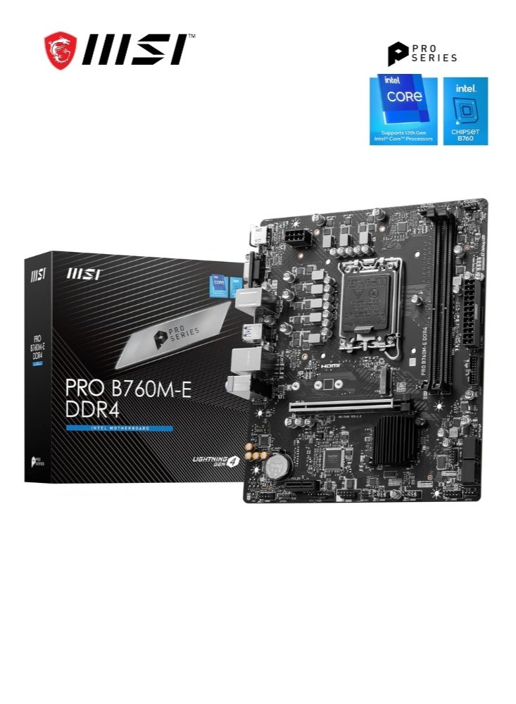MSI PRO B760M-E DDR4 Intel LGA 1700 MATX Motherboard | Intel B760 Chipset Supports 12th/13th/14th Gen Intel Processors | 2x DDR4 Slots, 64GB Max Memory, Gigabit LAN, 1x M.2, 4x USB 2.0 2x USB 3.2 G 1x HDMI, 1x VGA | 911-7D48-061 - Image 1