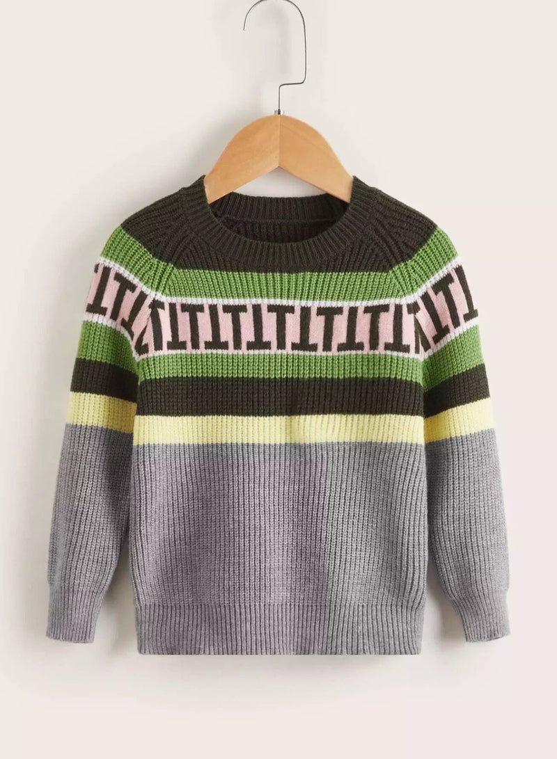 Toddler Boys Color Block Letter Pattern Raglan Sleeve Sweater - Image 1