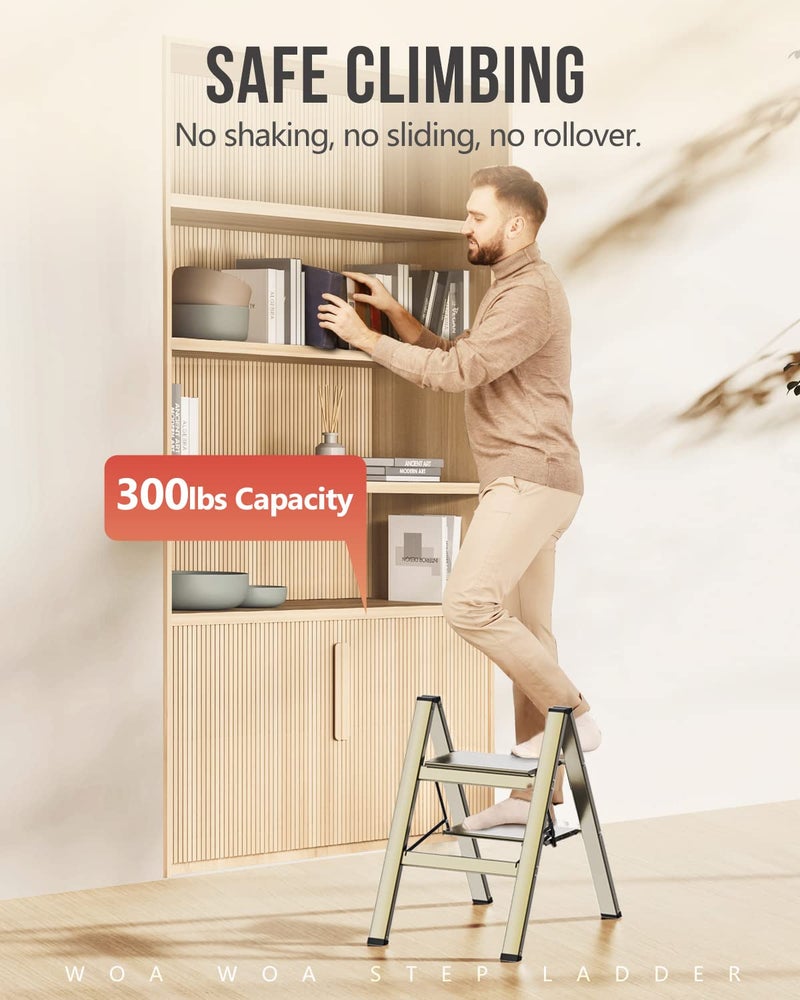 WOA WOA 2 Step Ladder, Foldable Step Stool, Aluminum Lightweight Ladder for Home Kitchen Closet, Anti-Slip Pedals, Ease of Folding, Portable, 300lbs Capacity - Gold - Image 4