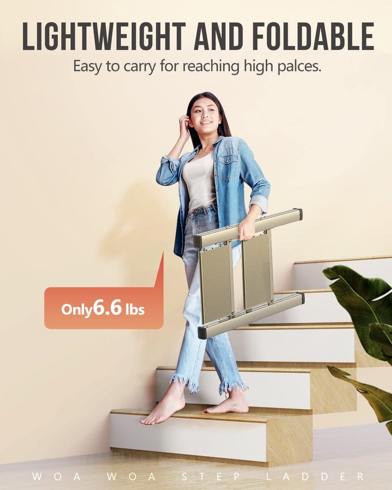 WOA WOA 2 Step Ladder, Foldable Step Stool, Aluminum Lightweight Ladder for Home Kitchen Closet, Anti-Slip Pedals, Ease of Folding, Portable, 300lbs Capacity - Gold - Image 2